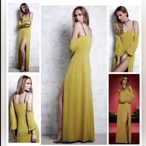 Free People Saunder Maxi Dress Mustard Yellow Stretch Off-Shoulder Small RARE